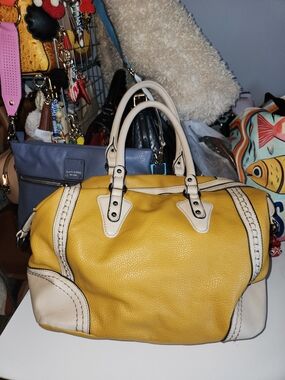 Yellow and Cream Leather Satchel Handbag - Women's Fashion Bag